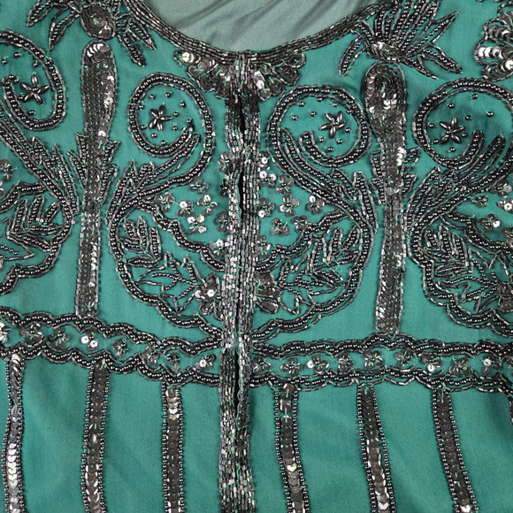 80s Vintage Green Black Silk Beaded Sequin Cropped Designer Jacket Size Large - Picture 5 of 9